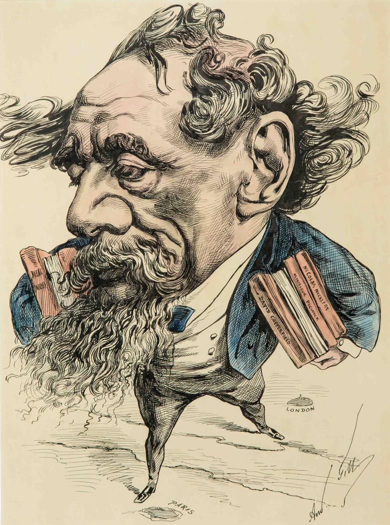 Charles Dickens,1868,Caricature,British author,holding books he wrote,England
